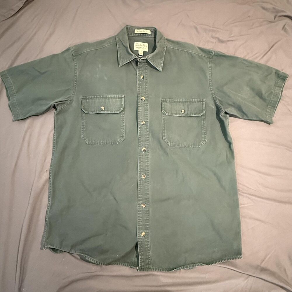 Cabela's Shirt Mens LT Green Short Sleeve Stonewash Canvas Button Up Workwear